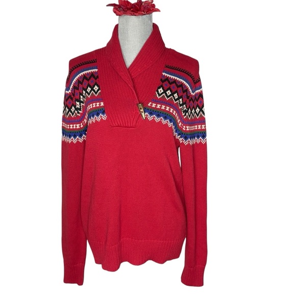 Lauren Ralph Lauren Sz XL Fair Isle V neck sweater big collar red button - Picture 1 of 12